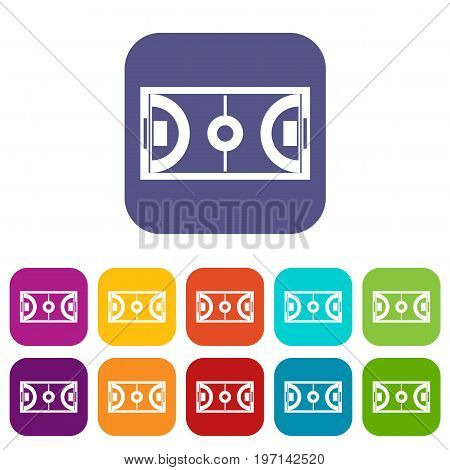 Futsal or indoor soccer field icons set vector illustration in flat style in colors red, blue, green, and other