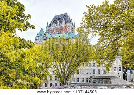 Quebec City, Canada - May 30, 2017: View Of Porte Prescott Bridge And Chateau Frontenac By Old Town
