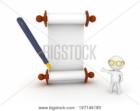 3D Character Wearing Glasses Showing Scroll Parchment And Fountain Pen