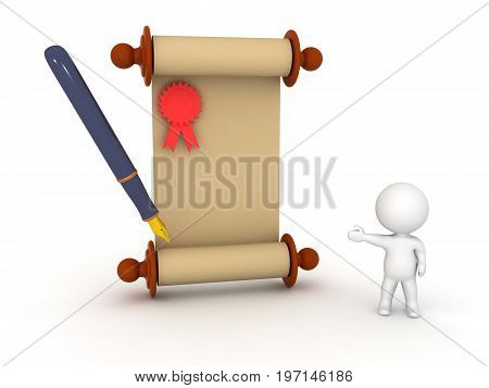3D Character Showing Parchment Scroll With Red Seal And Pen