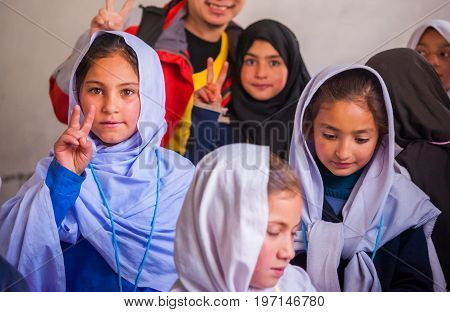 SKARDU, PAKISTAN - APRIL 17: An unidentified Children in a village in the south of Skardu are learning in the classroom of the village school April 17, 2015 in Skardu, Pakistan.