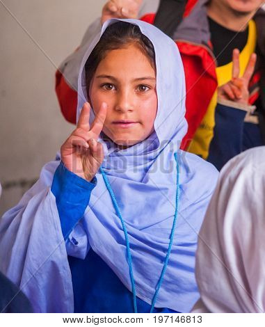SKARDU, PAKISTAN - APRIL 17: An unidentified Children in a village in the south of Skardu are learning in the classroom of the village school April 17, 2015 in Skardu, Pakistan.
