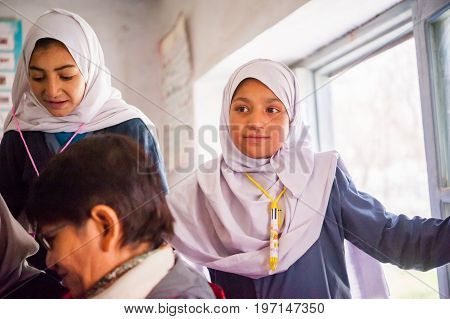 SKARDU, PAKISTAN - APRIL 17: An unidentified Children in a village in the south of Skardu are learning in the classroom of the village school April 17, 2015 in Skardu, Pakistan.