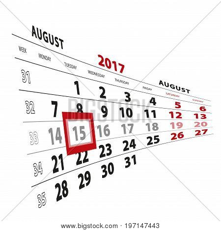 15 August Highlighted On Calendar 2017. Week Starts From Monday.