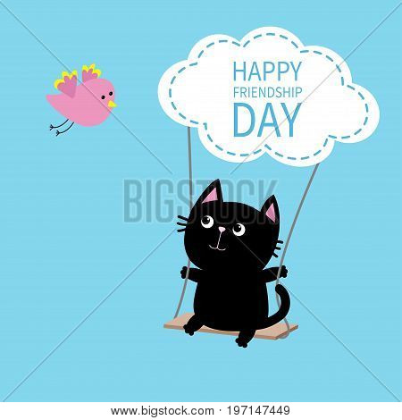 Happy Friendship Day. Cat ride on the swing. Cloud shape. Flying bird. Cute cartoon character. Kawaii baby pet collection. Friends forever. Flat design. Funny kids style. Blue sky background Vector