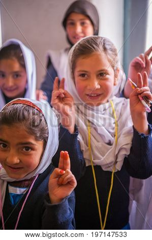 SKARDU, PAKISTAN - APRIL 17: An unidentified Children in a village in the south of Skardu are learning in the classroom of the village school April 17, 2015 in Skardu, Pakistan.