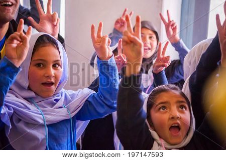 SKARDU, PAKISTAN - APRIL 17: An unidentified Children in a village in the south of Skardu are learning in the classroom of the village school April 17, 2015 in Skardu, Pakistan.