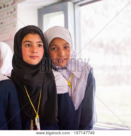 SKARDU, PAKISTAN - APRIL 17: An unidentified Children in a village in the south of Skardu are learning in the classroom of the village school April 17, 2015 in Skardu, Pakistan.