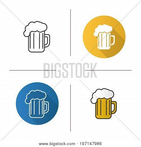 Foamy beer mug icon. Flat design, linear and color styles. Full foamy beer glass. Isolated vector illustrations