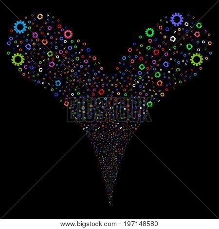 Cog explosive stream. Vector illustration style is flat bright multicolored iconic cog symbols on a black background. Object fountain made from random design elements.
