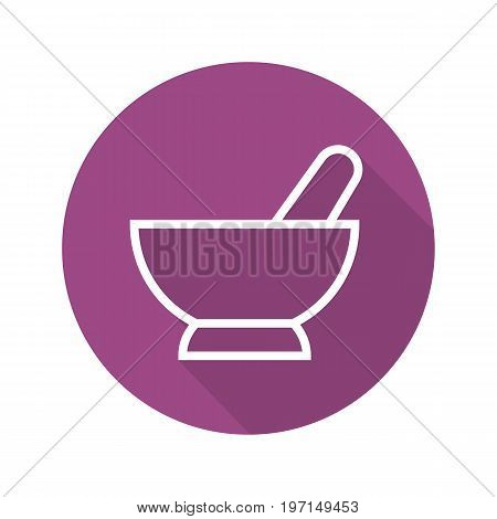 Mortar and pestle flat linear long shadow icon. Naturopathy. Alternative herbal medicine. Vector outline symbol