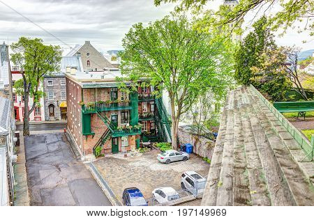 Quebec City, Canada - May 30, 2017: Aerial View Of Old Town Residential Buildings And Street From Pa