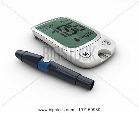 3D Illustration Of Blood Glucose Mete, Glucometer. Display Showing Result