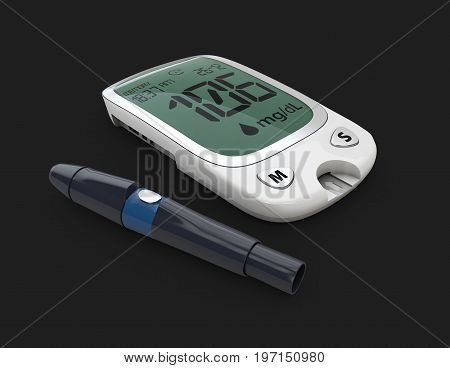 Blood Glucose Mete, Glucometer. 3D Illustration Isolated Black