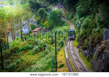 Floibanen funicular to Mt Floyen at Bergen City, from Top of Mount Floyen Glass Balcony Viewpoint mountain in Norway