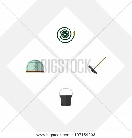 Flat Icon Dacha Set Of Hothouse, Hosepipe, Pail And Other Vector Objects