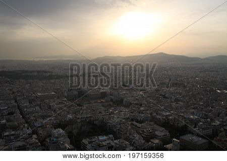 Greek evening. Sunset in Athenas, Likabitos mountain