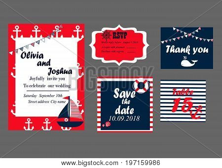 Wedding invitation cards set, nautical style, vector
