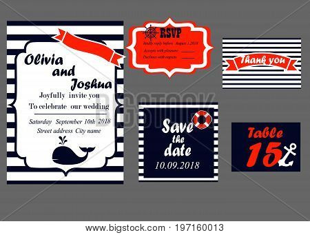 Wedding invitation cards set, nautical style, vector