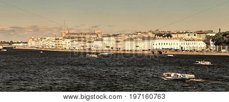 Panoramic View Of The Neva River Embankment In St. Petersburg.