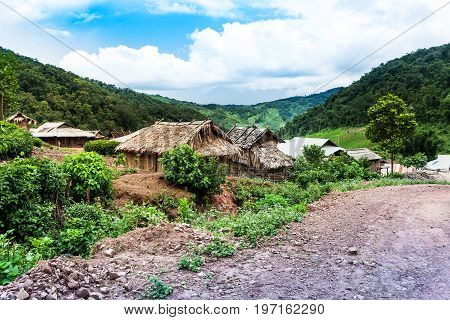 Mountain Village Laos simple houses of hill tribe people