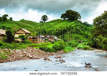 Mountain Village Laos simple houses of hill tribe people