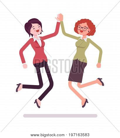 Businesswomen highfive jumping. Sharing excitement, happy with profit or creative idea. Business relations concept. Vector flat style cartoon illustration, isolated, white background