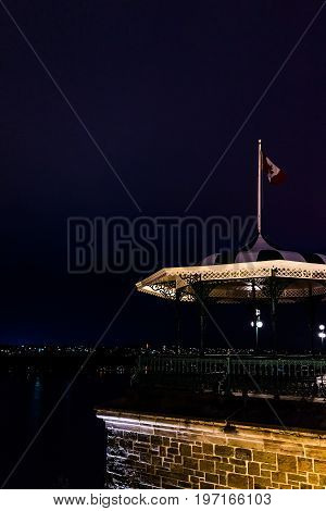Quebec City, Canada - May 30, 2017: Old Town Closeup View Of Dufferin Terrace At Night With Illumina