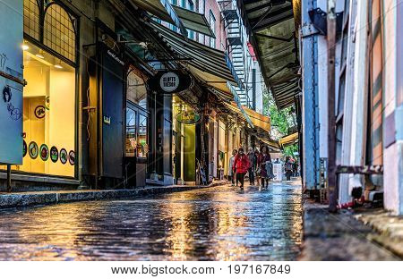 Quebec City, Canada - May 31, 2017: Old Town Street Called Rue Tresor With Shops And People Walking