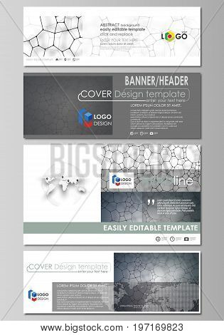 Social media and email headers set, modern banners. Business templates. Easy editable abstract design template, vector layouts in popular sizes. Chemistry pattern, molecular texture, polygonal molecule structure, cell. Medicine, science, microbiology conc