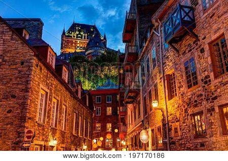 Quebec City, Canada - May 31, 2017: Lower Old Town Cobblestone Street Called Sous Le Fort With Resta