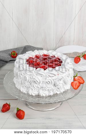 Delicious strawberry white cake shot close-up in decor