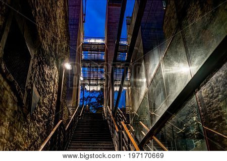 Quebec City, Canada - May 31, 2017: Lower Old Town Street With Stairs Steps To Go Up In La Place Roy