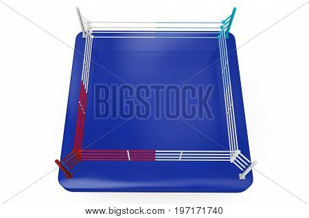A 3D render of a modern boxing ring with opposing blue and red corners on an isolated white studio background
