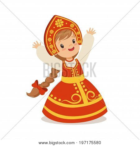 Cute girl wearing red sarafan and kokoshnik, national costume of Russia colorful character vector Illustration on a white background