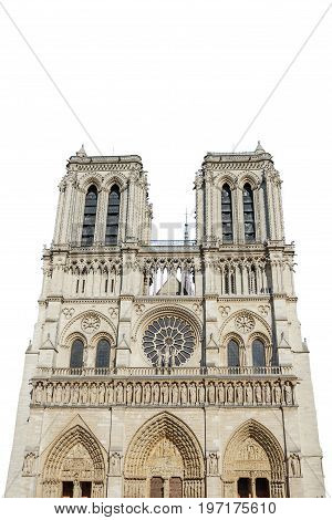 Notre Dame de Paris central main facade, national monument cathedral of France. French Gothic architecture. isolated on white background and copy space.