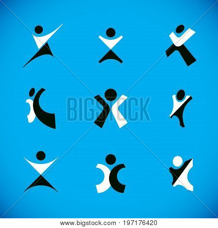 Vector illustration of excited abstract person with raised hands up. Business development logotype