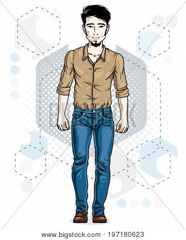 Confident handsome brunet young man standing. Vector illustration of male with beard wearing casual clothes jeans pants and cotton shirt.