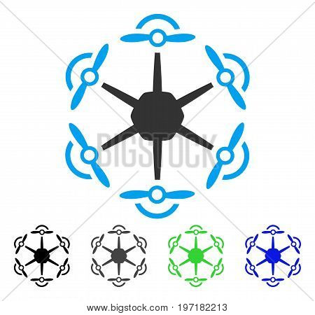 Flying Hexacopter flat vector pictograph. Colored flying hexacopter gray, black, blue, green pictogram versions. Flat icon style for application design.