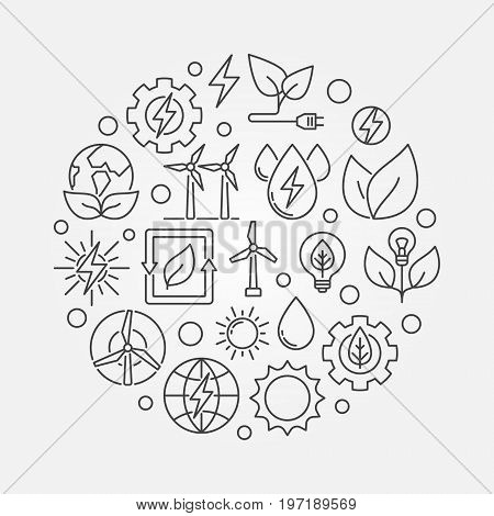 Eco Energy round illustration. Vector green power concept symbol made with wind, solar, water and biomass icons in thin line style