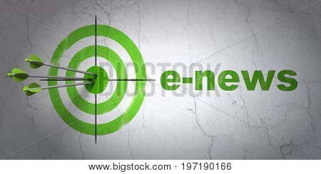 Success news concept: arrows hitting the center of target, Green E-news on wall background, 3D rendering