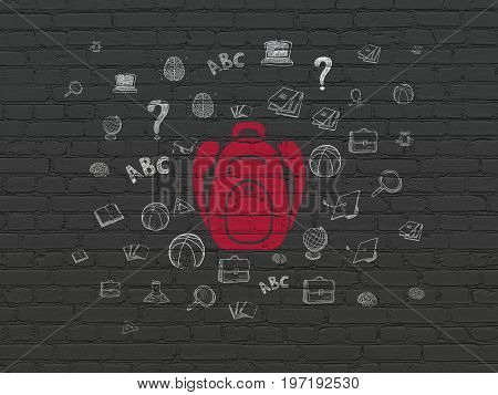 Learning concept: Painted red Backpack icon on Black Brick wall background with  Hand Drawn Education Icons