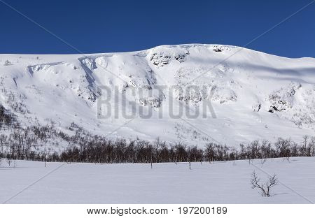 Rocks, cliffs on a mountain slope, landscape. Winter, snow and snowpack. Trees, birches this side.