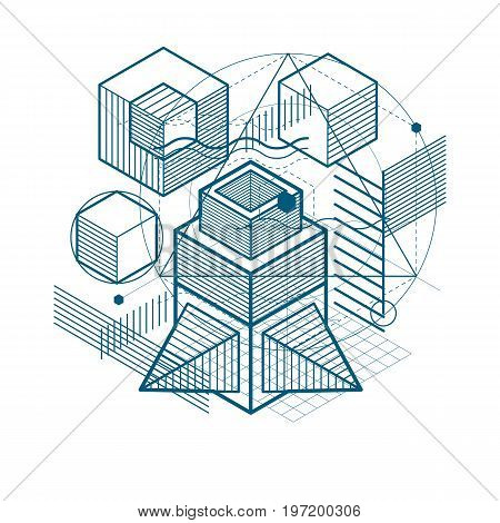 Isometric abstraction with lines and different elements vector abstract background. Composition of cubes hexagons squares rectangles and different abstract elements.