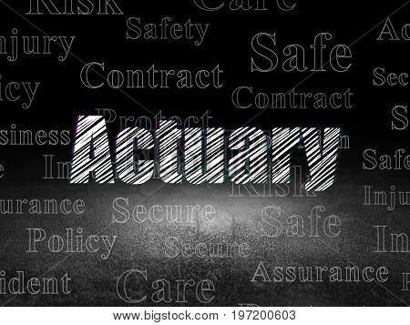 Insurance concept: Glowing text Actuary in grunge dark room with Dirty Floor, black background with  Tag Cloud