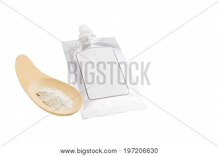 Blank Spout Pouch With Cap Or Doy Pack And Wood Spoon. Isolated On White Background With Clipping Pa