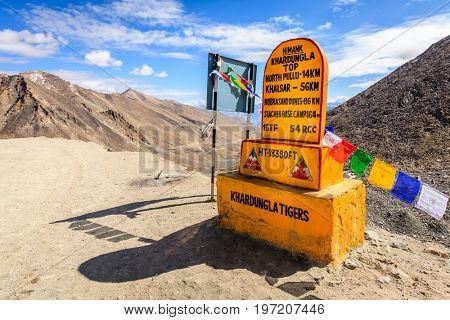 Ladakh, India, July 13, 2016: Khardungla Top - the highest motorable pass in the world at 18300ft. Ladakh, Kashmir, India