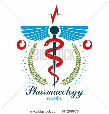 Pharmacy Caduceus vector icon medical corporate logo for use in rehabilitation or pharmacology business.