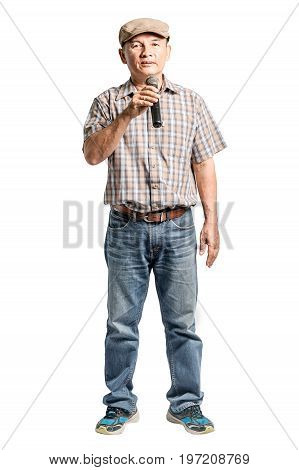 Portrait Of A Happy Mature Man Presented With Microphone. Isolated Full Lenth On White Background Wi