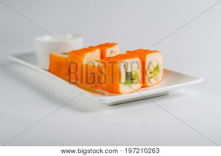 Dessert Maki Sushi - Roll With Various Fruit In Rice Pudding And Coconut Flakes